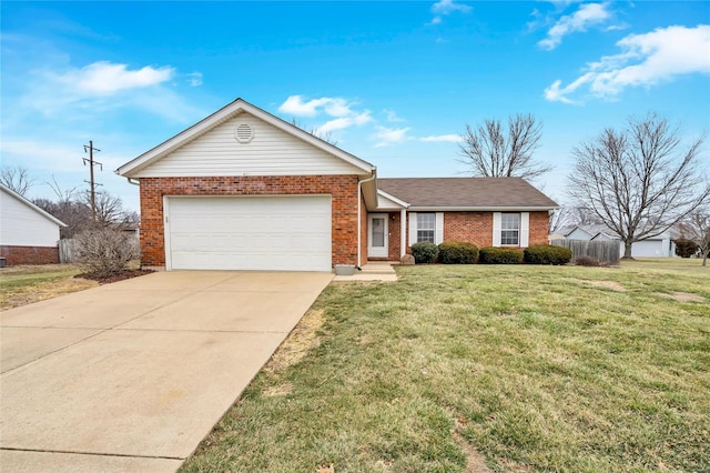 ranch-style house with a garage, brick siding, driveway, and a front lawn