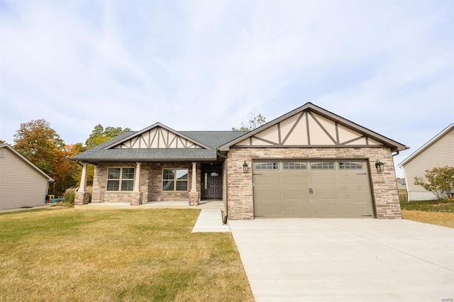 view of front of property with a front lawn, concrete driveway, a garage, and roof with shingles