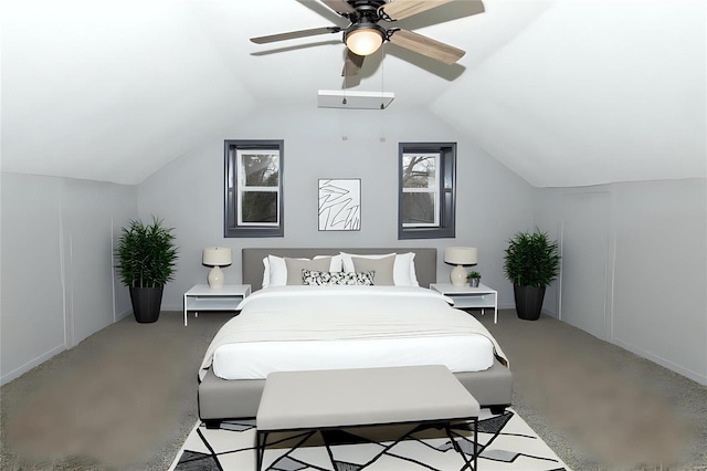 bedroom with lofted ceiling, ceiling fan, and concrete floors