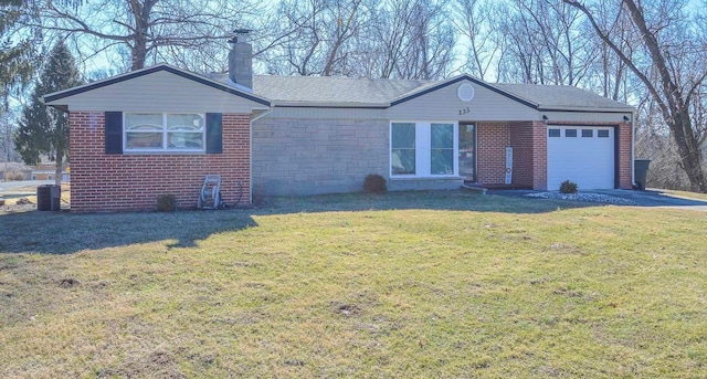 ranch-style home featuring a garage, driveway, stone siding, a front lawn, and brick siding