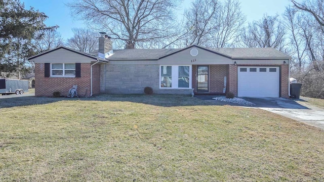 ranch-style home featuring a front lawn, concrete driveway, a chimney, and an attached garage