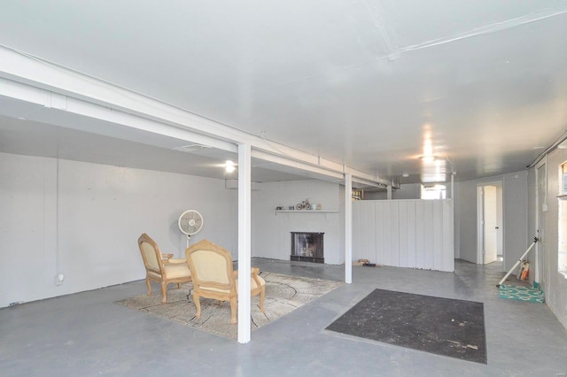 basement with a fireplace