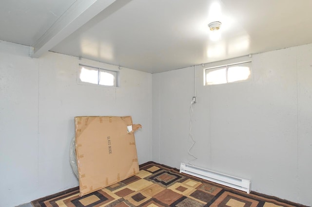 below grade area with light floors and baseboard heating