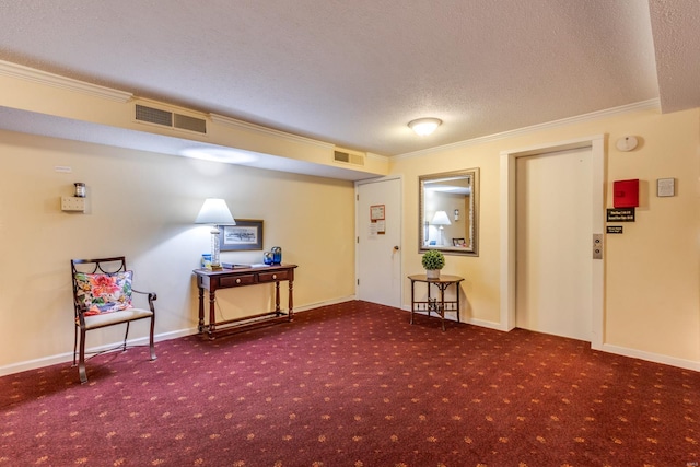 foyer entrance with visible vents, crown molding, a textured ceiling, and carpet flooring