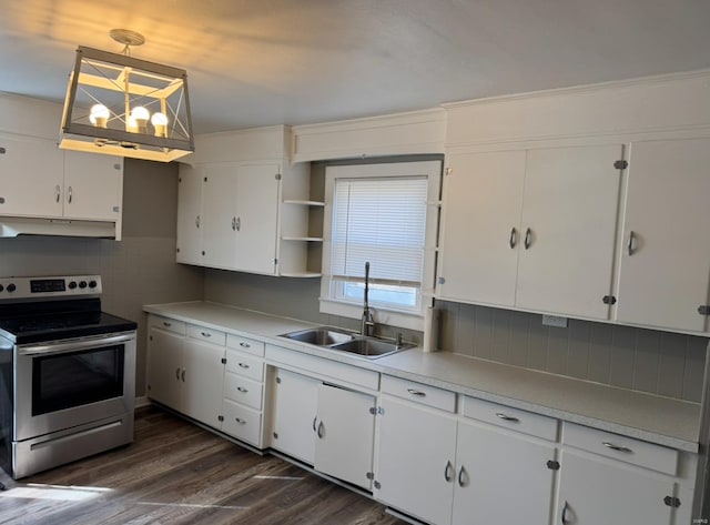 kitchen with under cabinet range hood, electric range, dark wood-style flooring, a sink, and open shelves