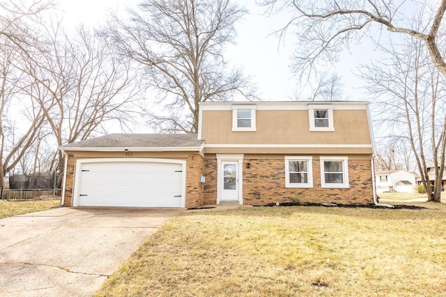 view of front of home featuring stucco siding, a front lawn, concrete driveway, an attached garage, and brick siding