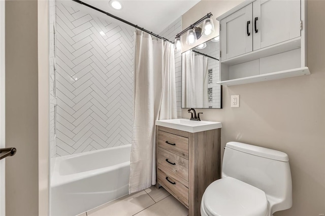 full bath with toilet, vanity, shower / bath combo with shower curtain, and tile patterned floors