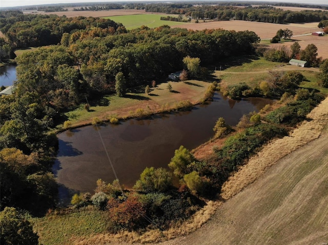 aerial view featuring a water view and a rural view