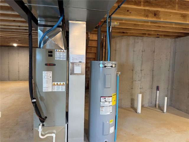 utility room with electric water heater and heating unit