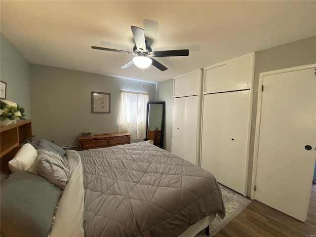 bedroom featuring ceiling fan, multiple closets, and dark wood-style floors