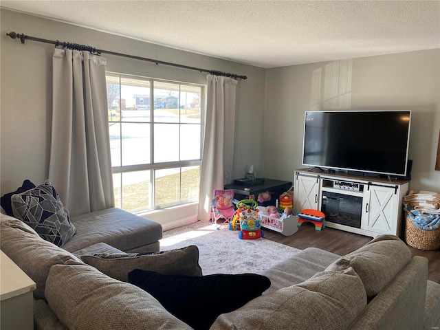 living room featuring a wealth of natural light, a textured ceiling, and wood finished floors