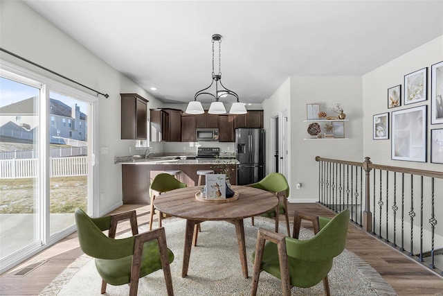 kitchen with stainless steel appliances, light countertops, light wood-style flooring, dark brown cabinetry, and plenty of natural light