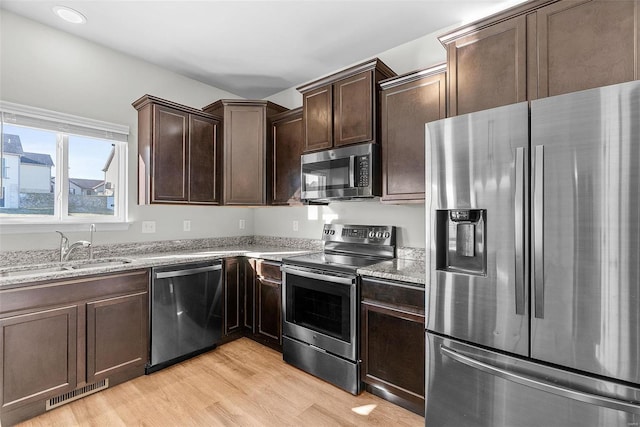 kitchen with visible vents, appliances with stainless steel finishes, a sink, dark brown cabinets, and light wood-type flooring