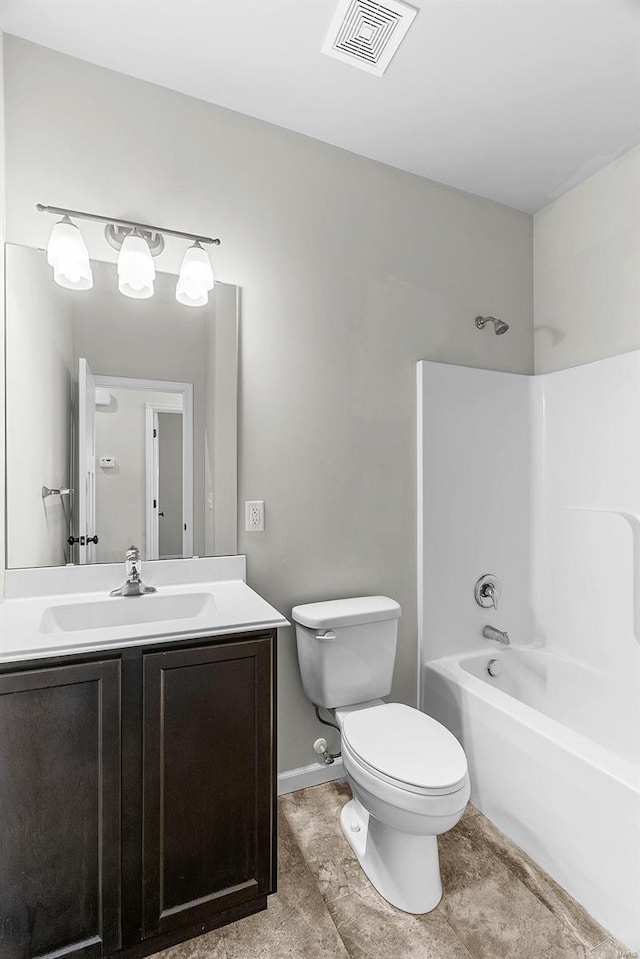 bathroom featuring tile patterned flooring, toilet, bathing tub / shower combination, vanity, and visible vents