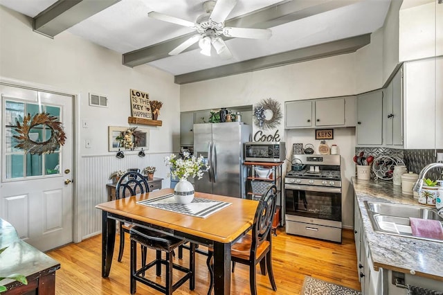 kitchen featuring gray cabinetry, a wainscoted wall, stainless steel appliances, visible vents, and beam ceiling