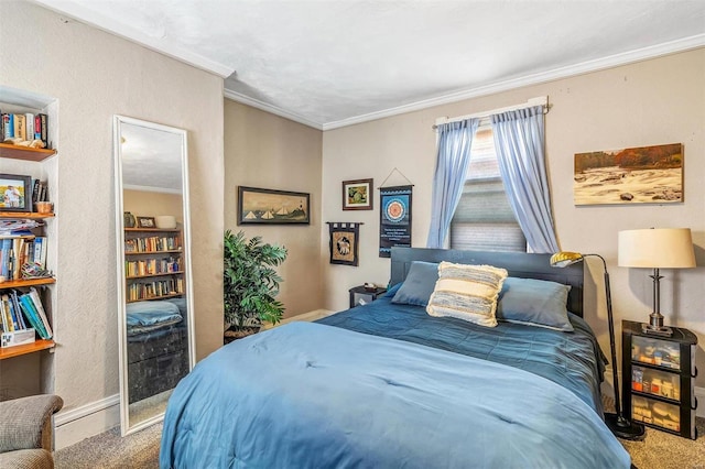 bedroom featuring carpet flooring and crown molding