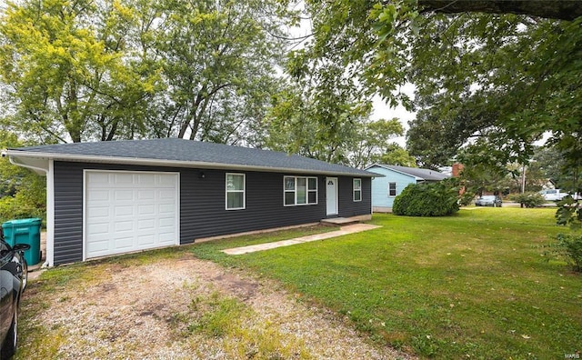 single story home featuring dirt driveway, a front yard, and a garage