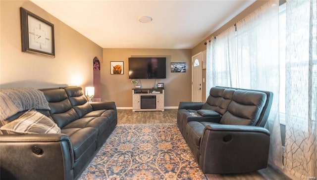 living area with a fireplace, baseboards, and wood finished floors