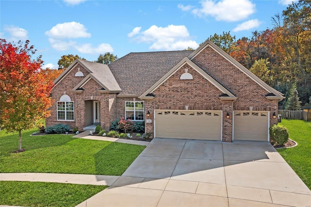 view of front facade featuring a front yard, fence, concrete driveway, a garage, and brick siding