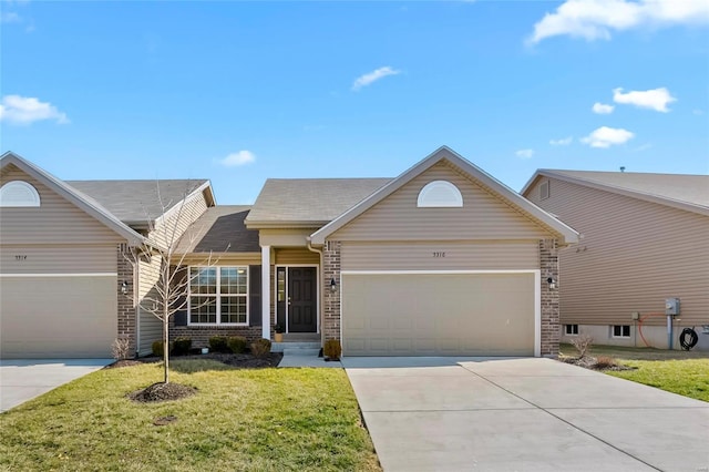 ranch-style house featuring a garage, brick siding, driveway, and a front lawn