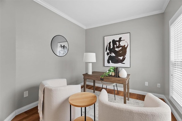 office area with dark wood-type flooring, ornamental molding, and baseboards