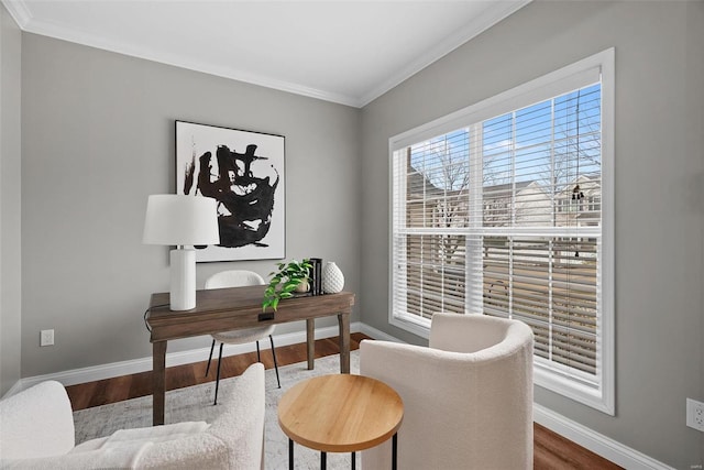 home office featuring baseboards, dark wood finished floors, and ornamental molding