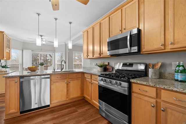 kitchen featuring crown molding, appliances with stainless steel finishes, a ceiling fan, a sink, and a peninsula