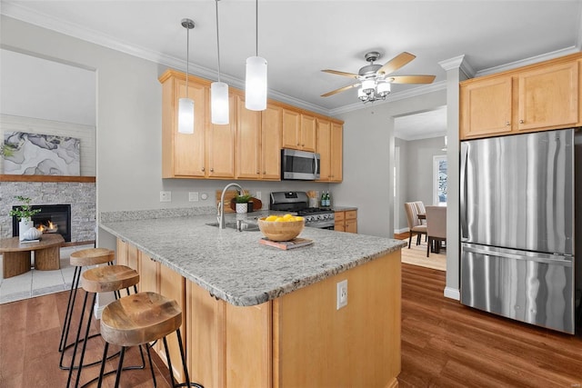 kitchen with light brown cabinets, a peninsula, dark wood-type flooring, a sink, and appliances with stainless steel finishes