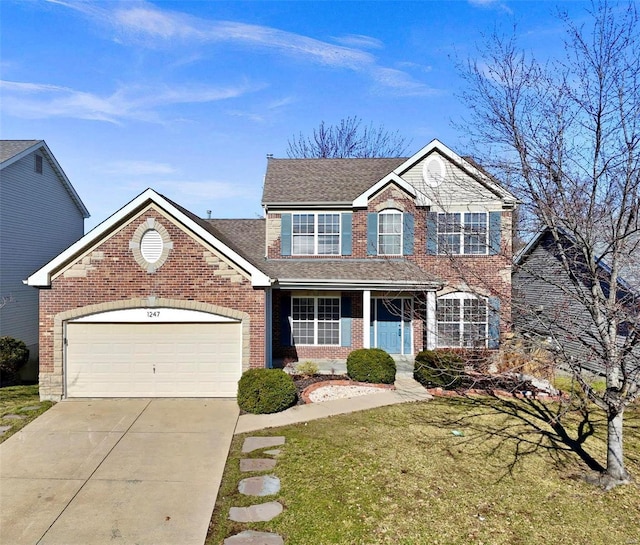 view of front facade with a porch, a garage, brick siding, concrete driveway, and a front yard