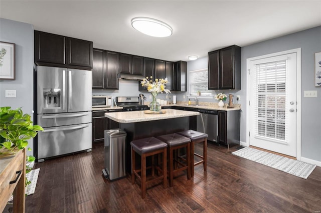 kitchen featuring dark wood-style floors, a breakfast bar area, stainless steel appliances, a kitchen island, and under cabinet range hood