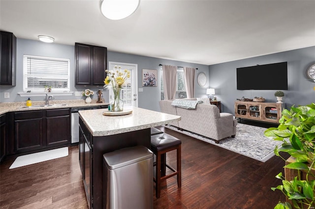 kitchen featuring light countertops, dark wood-type flooring, open floor plan, a sink, and dishwasher