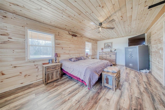 bedroom with visible vents, a ceiling fan, light wood-style floors, wooden walls, and wood ceiling