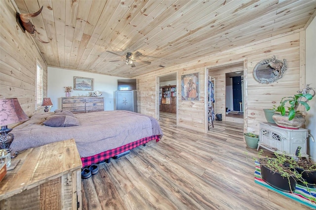 bedroom featuring a ceiling fan, wood finished floors, wooden walls, and wood ceiling