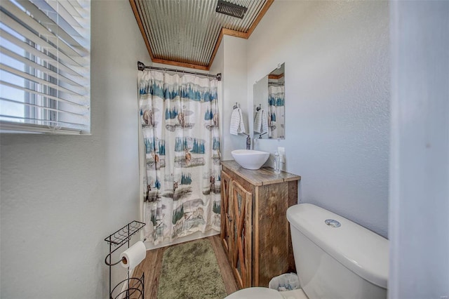 bathroom with toilet, vanity, a shower with curtain, and wood finished floors