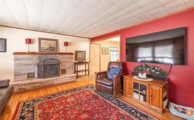 living room with a stone fireplace and wood finished floors