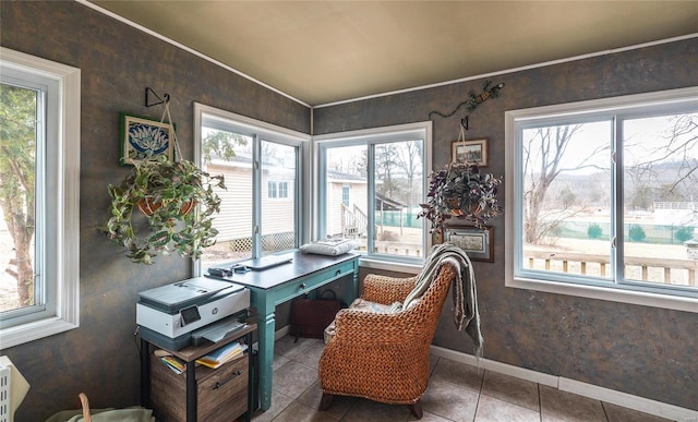 home office with tile patterned flooring and baseboards