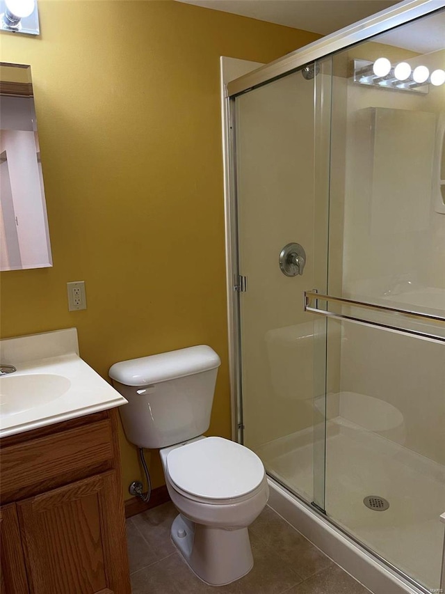 full bath with vanity, a shower stall, toilet, and tile patterned floors