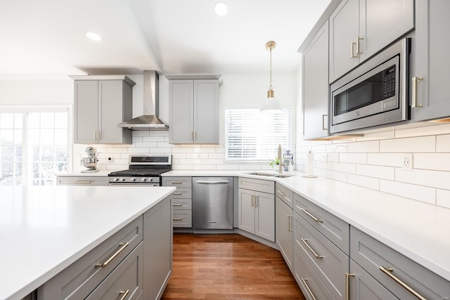 kitchen with wall chimney exhaust hood, appliances with stainless steel finishes, gray cabinets, and a sink