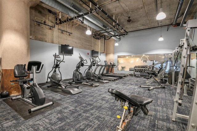 workout area featuring a high ceiling