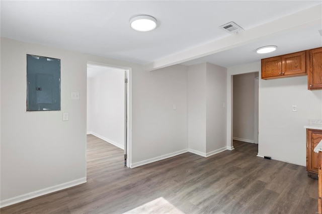 interior space with visible vents, dark wood finished floors, electric panel, and baseboards