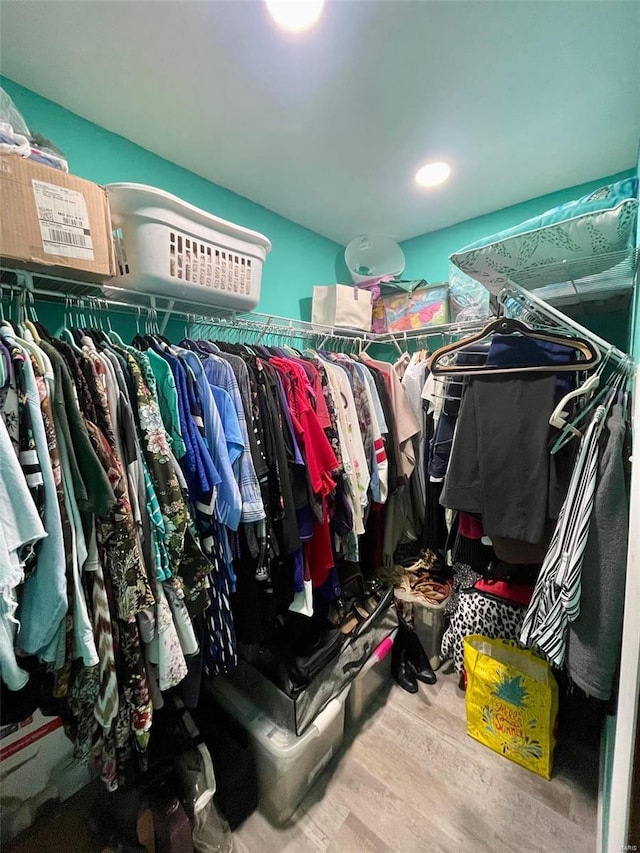 walk in closet with wood finished floors