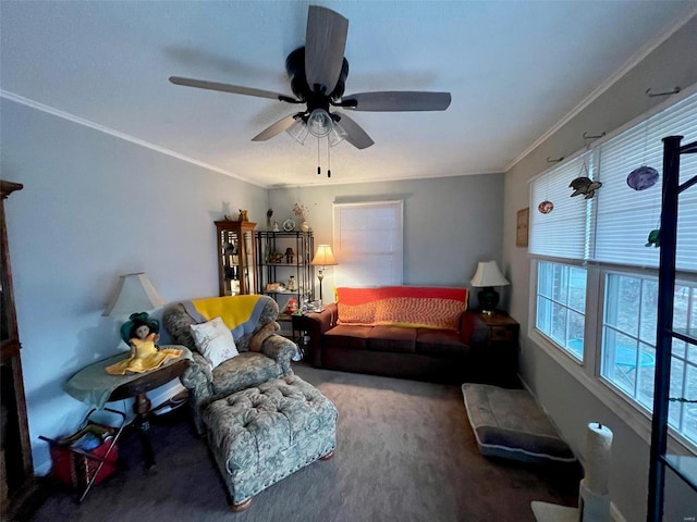 carpeted living area featuring ceiling fan and ornamental molding