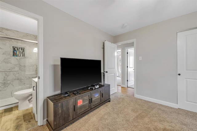 carpeted living area with wood finished floors and baseboards