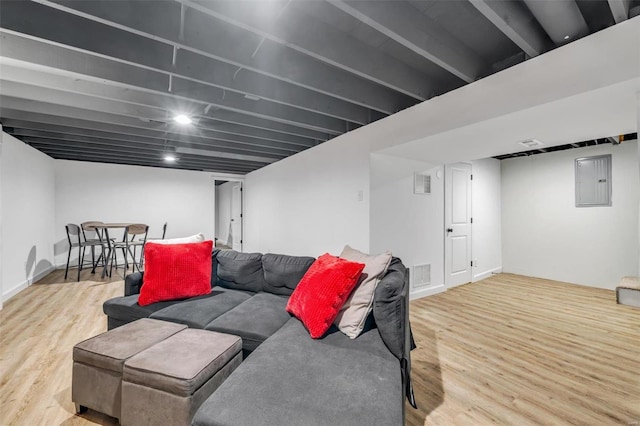 living room with electric panel, visible vents, and wood finished floors