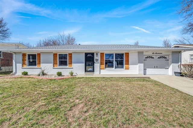 ranch-style home with concrete driveway, brick siding, a garage, and a front lawn