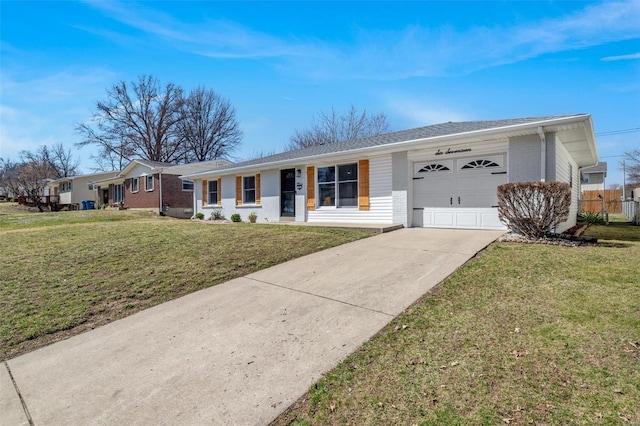 ranch-style house with brick siding, an attached garage, concrete driveway, and a front lawn