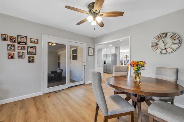 dining room with visible vents, a ceiling fan, baseboards, and light wood finished floors