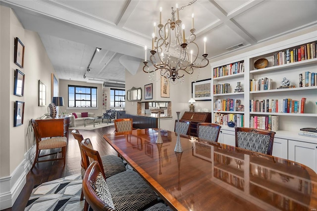 dining room with beamed ceiling, coffered ceiling, wood finished floors, and visible vents