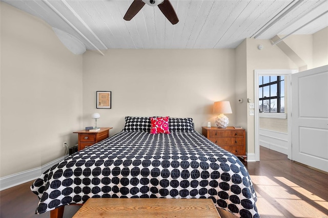 bedroom featuring wood ceiling, wood finished floors, a ceiling fan, and baseboards