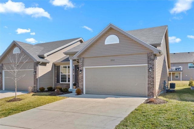 ranch-style house featuring a garage, a front lawn, concrete driveway, and brick siding